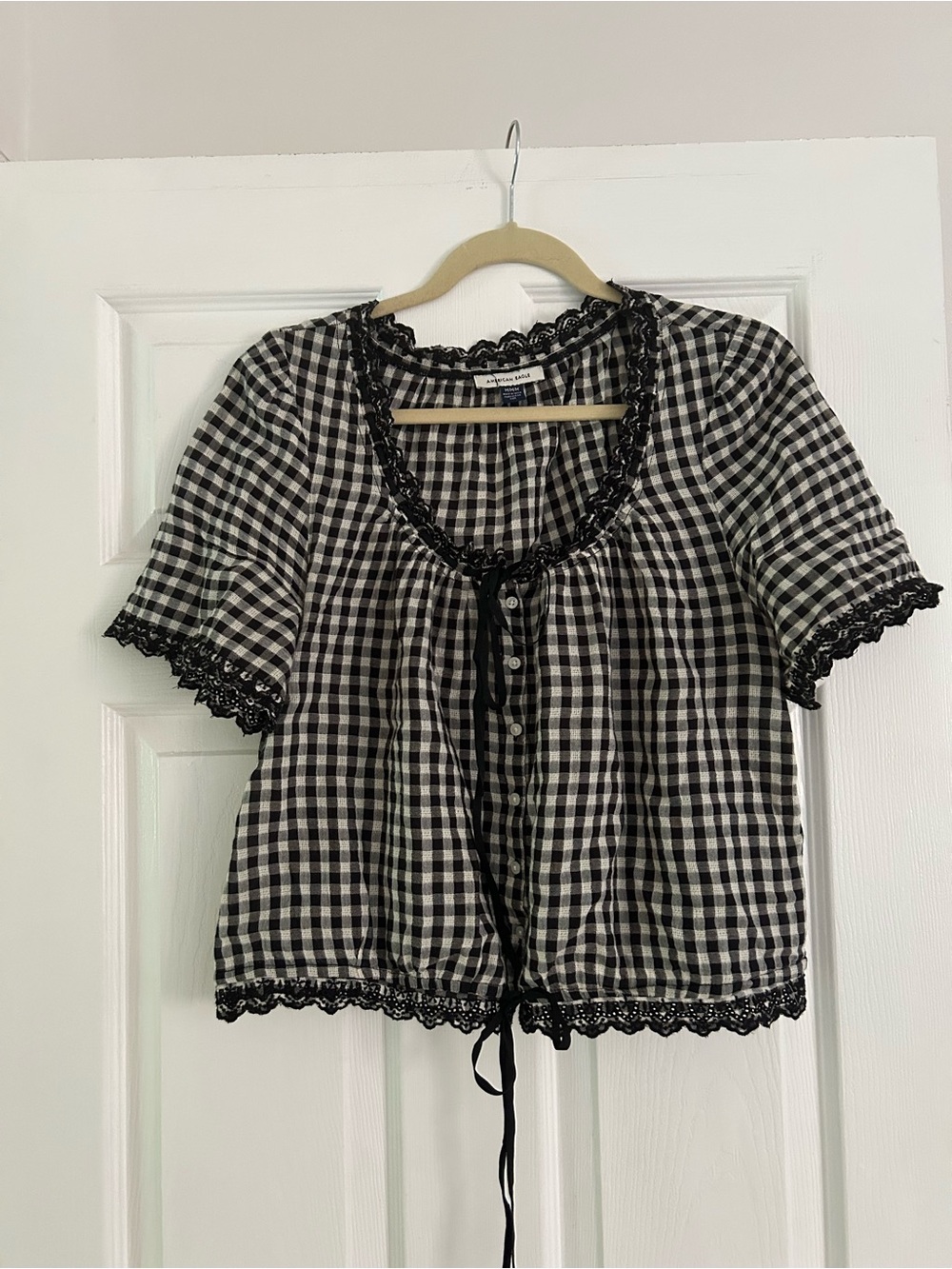American Eagle Outfitters Black & White Gingham Lace-Trim Button Front Top